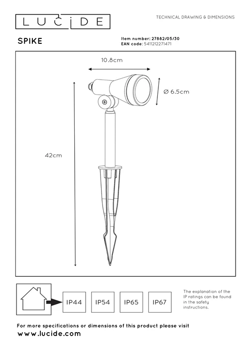 Lucide SPIKE - Foco de jardín - Ø 6,5 cm - LED Regul. - GU10 - 1x5W 3000K - IP54 - Negro - técnico